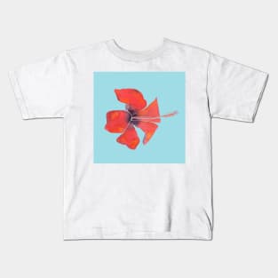 Red Hibiscus Tropical Watercolor Illustration with a blue background Kids T-Shirt